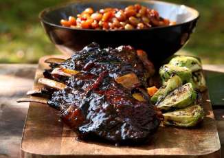 Whiskey Glazed Venison Ribs with Campfire Beans and Orange Charred Brussels Sprouts
