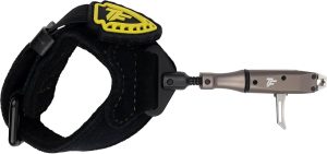 61JHrdtpxmL_AC_SL1500_ - North American Bow Hunter Wrist-mounted rope ascender device attached to a black strap for climbing or rope work, with a metal lever for operation.