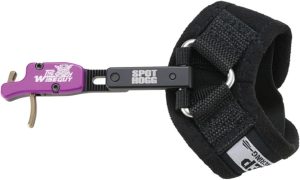 61d+8kusM9L_AC_SL1500_ - North American Bow Hunter Archery release aid with a pink handle and black strap, labeled The Wedge Guy, attached to a wrist strap for drawing a bow.