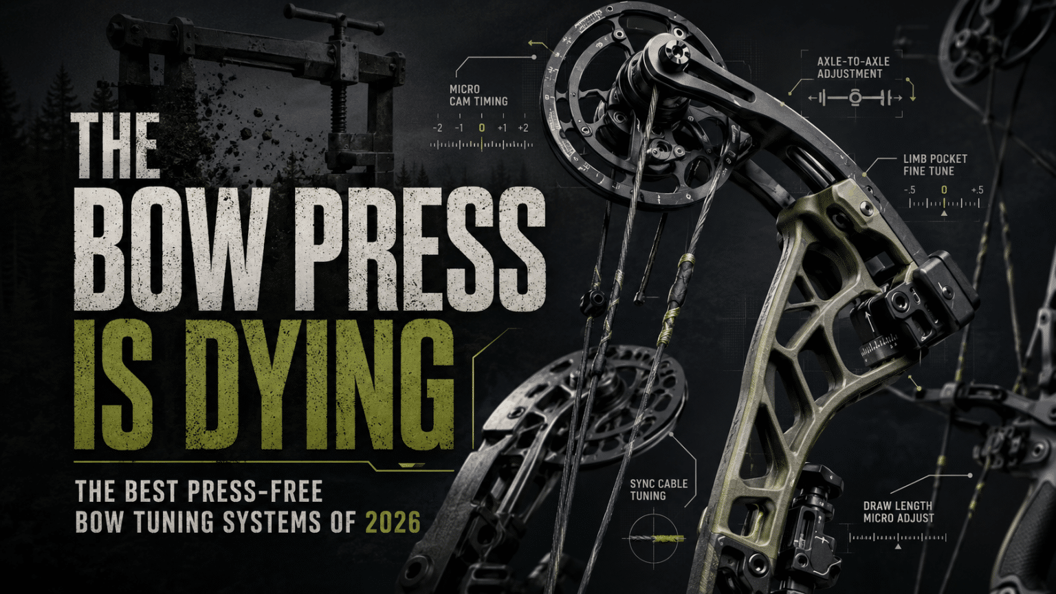 Promotional banner with a high-tech compound bow and tuning diagrams, reading 'The Bow Press Is Dying' and 'The Best Press-Free Bow Tuning Systems of 2026'.