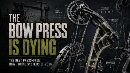 ChatGPT Image Jul 22 2026 09_51_20 AM - North American Bow Hunter Promotional banner with a high-tech compound bow and tuning diagrams, reading 'The Bow Press Is Dying' and 'The Best Press-Free Bow Tuning Systems of 2026'.