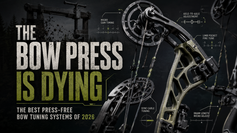 Promotional banner with a high-tech compound bow and tuning diagrams, reading 'The Bow Press Is Dying' and 'The Best Press-Free Bow Tuning Systems of 2026'.