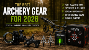 Best Archery Gear for 2026: Bows, Broadheads, Sights, Releases, Nocks and Targets Promo banner for 2026 archery gear showing a crossbow, bow components, arrows, tips, and a SEVR box on a wooden surface with a right-side feature checklist.