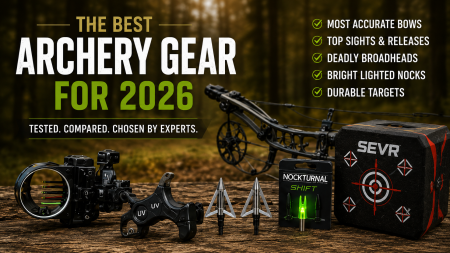 f7a241c0-edd0-4d4c-b736-ac92beacab8e - North American Bow Hunter Promo banner for 2026 archery gear showing a crossbow, bow components, arrows, tips, and a SEVR box on a wooden surface with a right-side feature checklist.